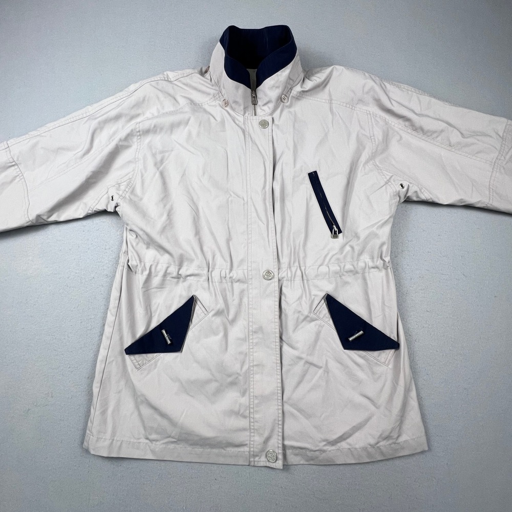 CS Essentials Parka Jacket Womens Large Tan Navy Vintage Zip Up Utility Coat - Picture 9 of 16